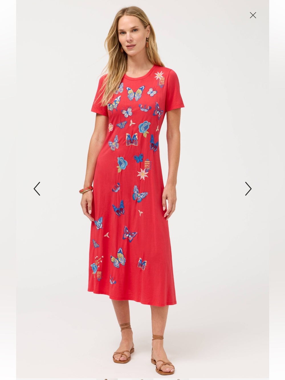 Johnny Was Vanny Crew Neck Swing Dress Geranium Pink Red Butterfly Small NWT